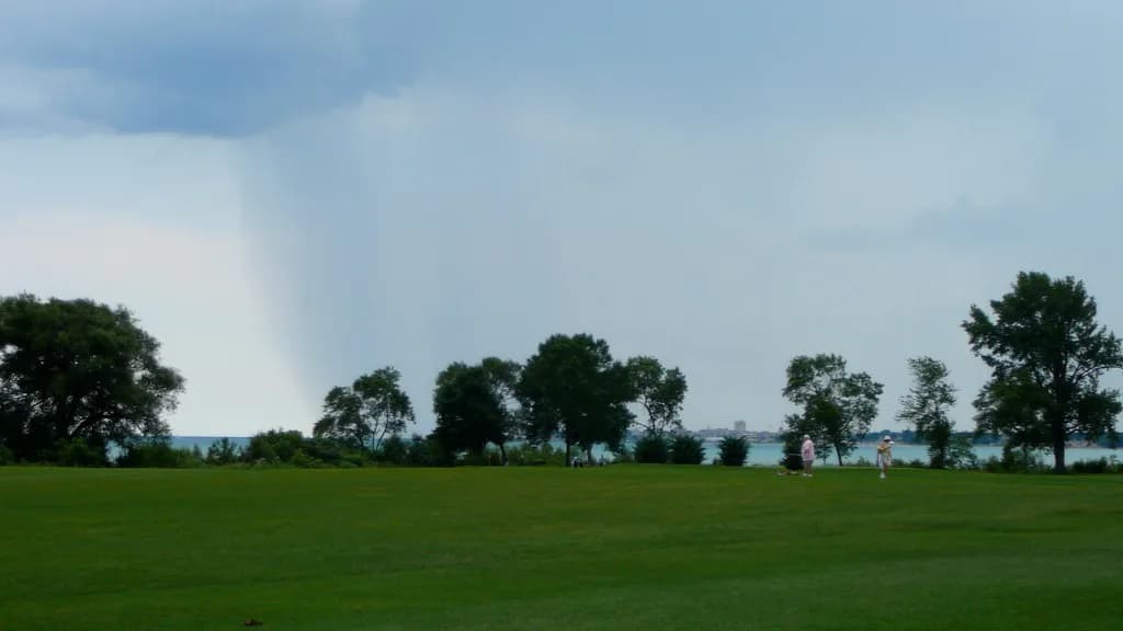 Shoop Golf Course turf overlooking Lake Michigan during rain, Racine, Wisconsin (photographed 2006).
